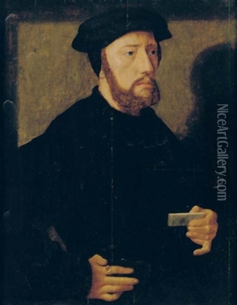 Portrait Of A Gentleman In A Black Coat And Hat, Holding A Note Oil Painting - Jan Sanders (Jan van) Hemessen