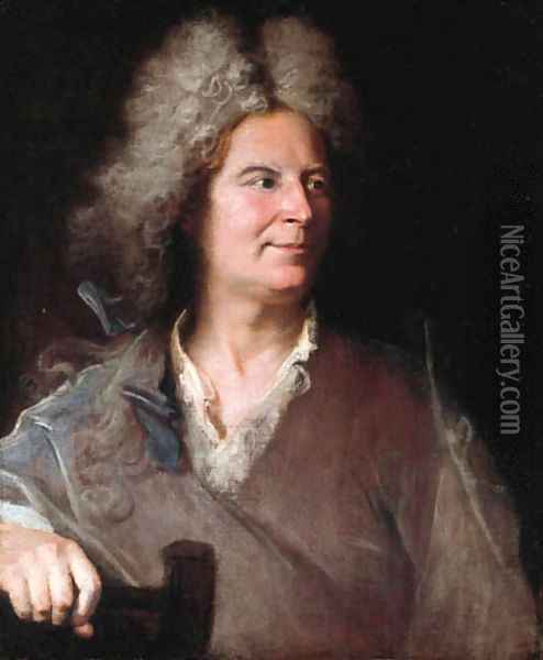 Portrait of a sculptor, said to be Robert Le Lorrain (1666-1743), half-length, in a light brown jacket, a mallet in his right hand Oil Painting - Hyacinthe Rigaud
