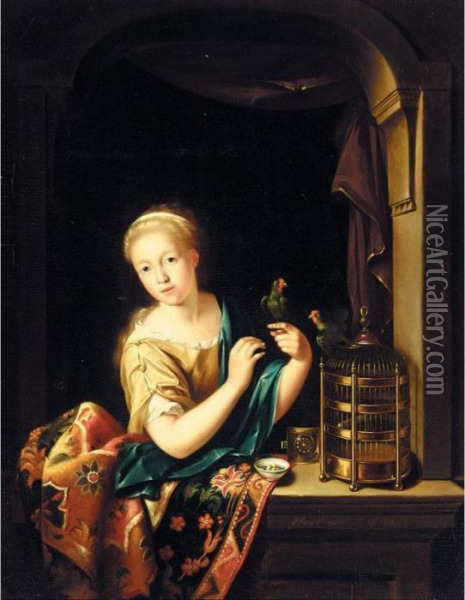 A Young Girl At A Window, Holding A Parrot Oil Painting - Willem van Mieris