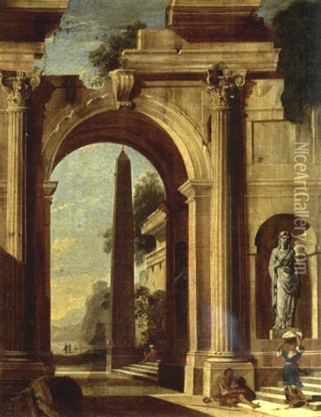 An Architectural Capriccio Of A Classical Building With An Obelisk, With A Beggar And A Washerwoman On The Stairs And A View Of A Temple Beyond Oil Painting - Niccolo Codazzi