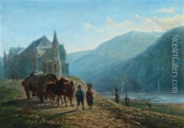 Italian Landscape With A Church And People Near A River Oil Painting - Peter Kornbeck