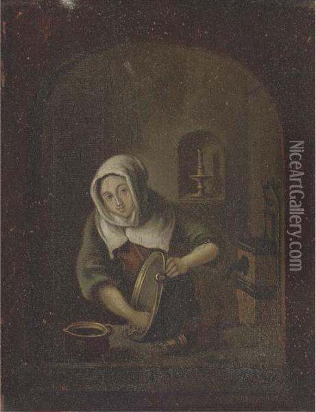 A Washerwoman At A Casement Oil Painting - Caspar Netscher