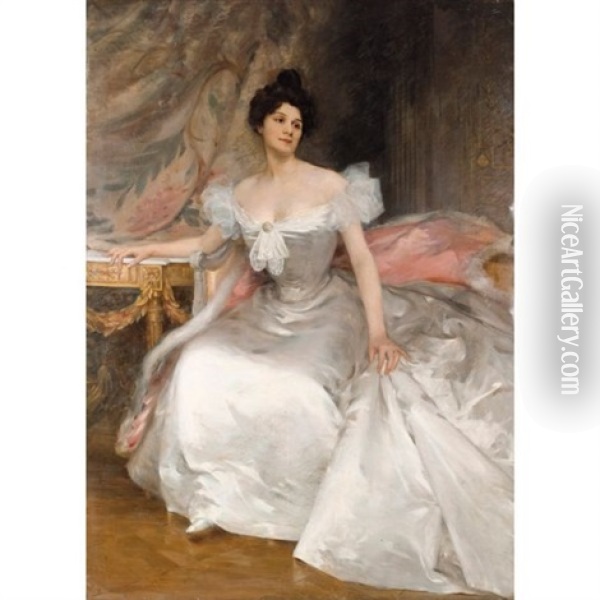Portrait De Jeune Femme En Robe Blanche Oil Painting - Etienne Albert Eugene Joannon-Navier