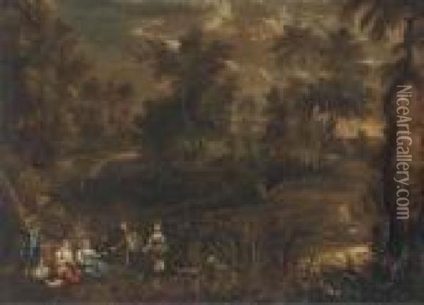 A Wooded River Landscape With Elegant Company In Theforeground Oil Painting - Peter Paul Rubens