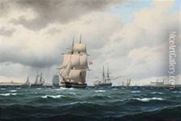Swedish, Norwegian And Danish Ships At Sea Off Kronborg Castle Oil Painting - Carl Emil Baagoe