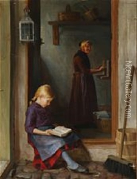 A Girl Reads On A Doorstep Oil Painting - Ludovica Thornam
