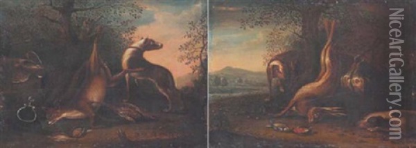 Jagdstilleben: Erlegter Hase Un Vogel Am Waldboden, Von Zwei Jagdhunden Bewacht Oil Painting - Johann Paul Waxschlunger