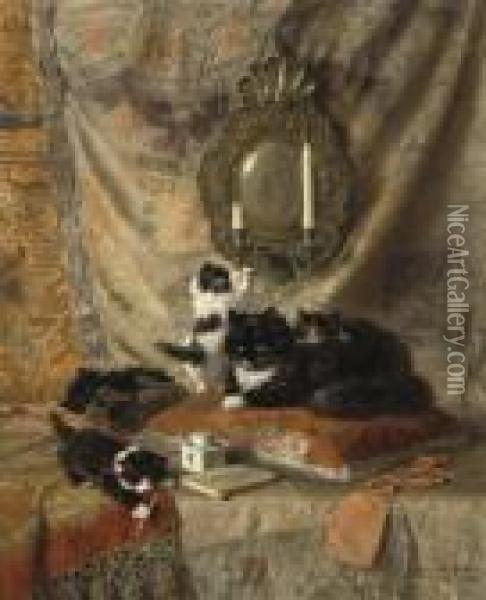 A Mother Cat Resting While Her Kittens Play Oil Painting - Henriette Ronner-Knip