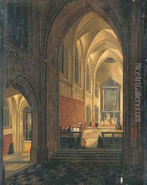A nightime interior of a cathedral with a priest celebrating Mass Oil Painting - Pieter the Younger Neefs