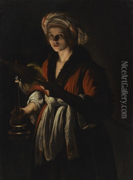 A Young Woman Holding A Distaff Before A Lit Candle Oil Painting - Adam de Coster
