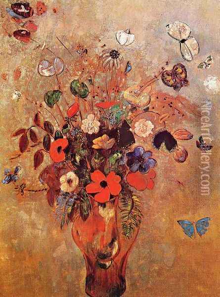 Vase with Flowers and Butterflies Oil Painting - Odilon Redon