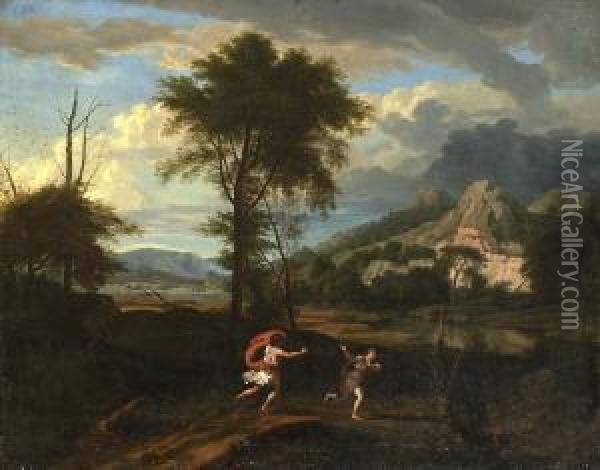 Apoll Und Daphne In Klassischer
 Landschaft - Klassische Landschaft Mit Hirtenpaar. Oil Painting - Andrea Locatelli