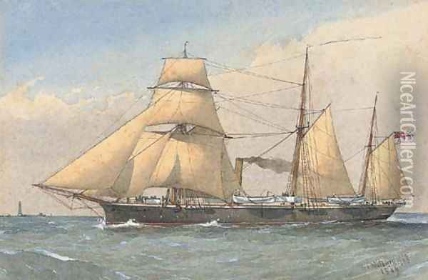 H.M.S Avon off the Eddystone lighthouse, under sail and steam Oil Painting - William Frederick Mitchell