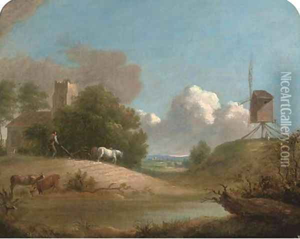 A plough team and a windmill in an extensive landscape Oil Painting - John Inigo Richards