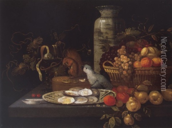 A Banketje Still Life With Fruit, Oysters And A Parrot Arranged Upon A Stone Table Top Oil Painting - Michiel Simons
