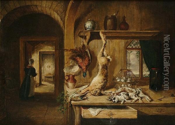 Still Life Of Game In A Larder, With A Maid Passing Through The Door Oil Painting - Benjamin Blake