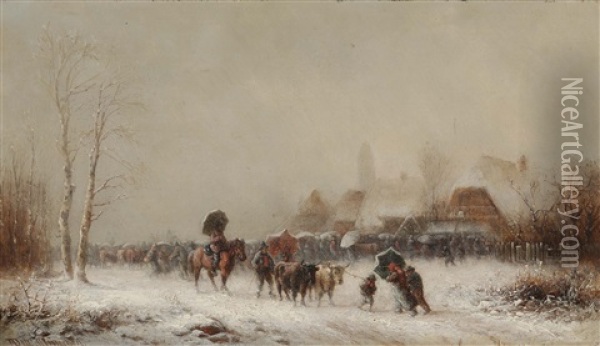 Cattle Market In A Snow Flurry Oil Painting - Anton Doll
