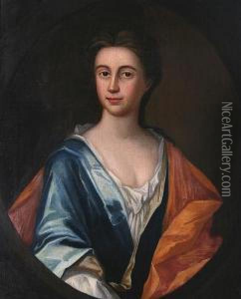 Portrait Of A Lady, Half Length,
 Wearing Ablue Dress And Orange Shawl, Within Painted Oval Oil Painting - Richardson. Jonathan