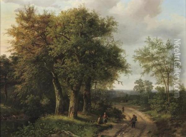 Figures On A Woodland Path Oil Painting - Marianus Adrianus Koekkoek