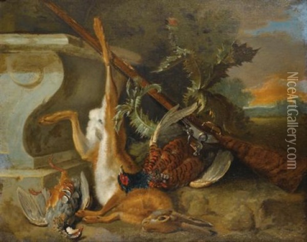 Trophee De Chasse Au Lievre, Perdreaux Et Faisans (collab. W/studio) Oil Painting - Jean-Baptiste Oudry
