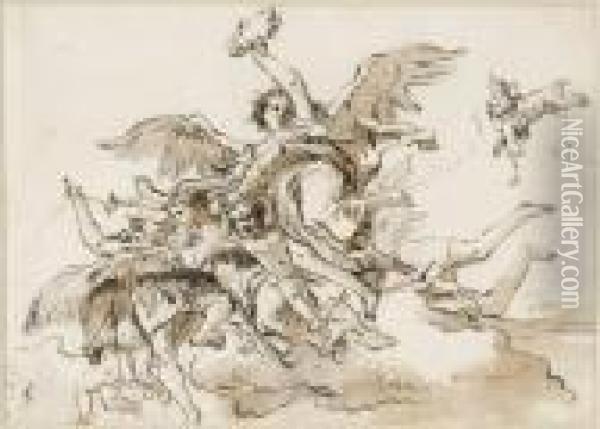Ange Tenant Une Couronne Et Putti Dans Les Nuages Oil Painting - Giovanni Domenico Tiepolo