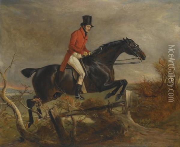 Portrait Of Sir Henry Goodricke, 7th Baronet, Clearing A Fence On His Grey Hunter Oil Painting - John Snr Ferneley