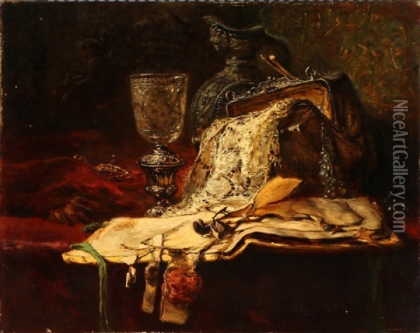 Still Life With A Glas, A Bag, A Mug And Documents On A Table Oil Painting - Maria Voss