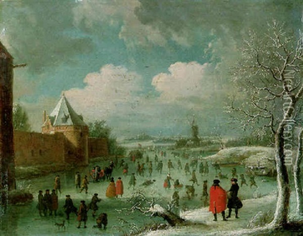 A Winter Landscape With Townsfolk Skating On A Frozen Moat Oil Painting - Jan Griffier the Elder