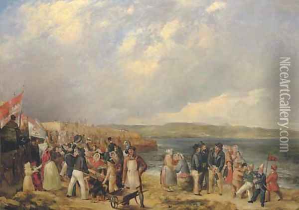 The opening of Granton Harbour, Edinburgh, 29 June 1838, with the Duke of Buccleuch's carriage far left Oil Painting - William Turner Delonde