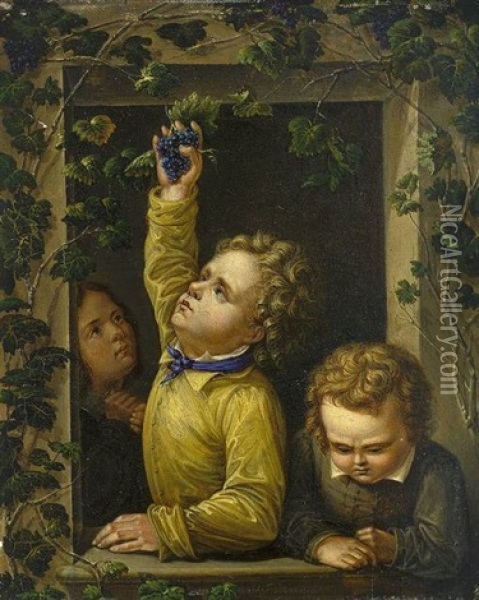 Drei Kinder An Rebenumranktem Fenster Oil Painting - Franz Dahmen