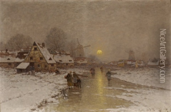 Winterliche Fluslandschaft Mit Dorfansicht Und Landvolk Oil Painting - Johann Jungblut