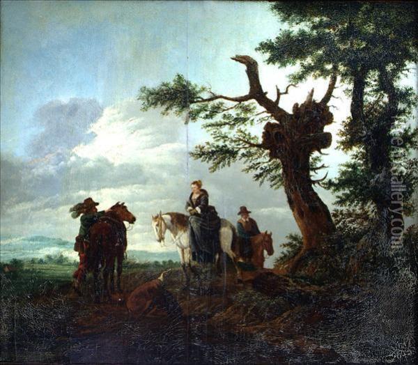 A Lady On Horseback With Other Figures Resting By Trees Oil Painting - Pieter Wouwermans or Wouwerman