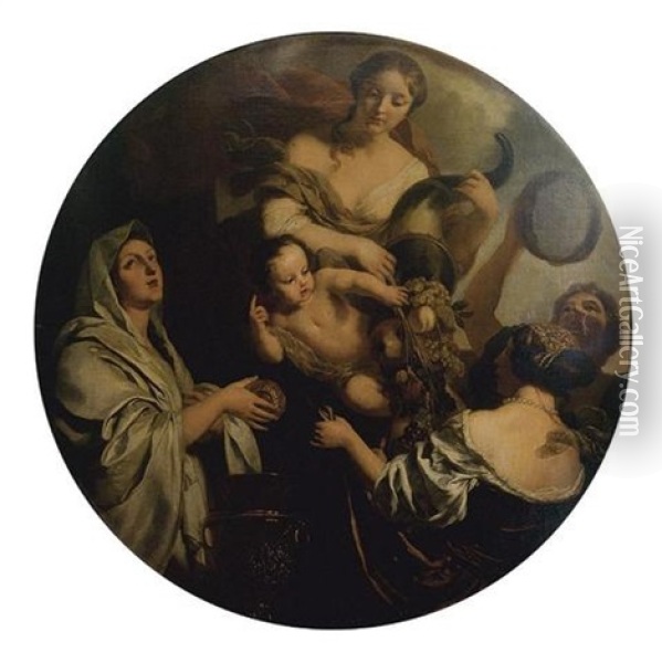 Allegory With An Infant Surrounded By Women, One With A Cornucopia - The Nurture Of Jupiter Oil Painting - Gerard de Lairesse