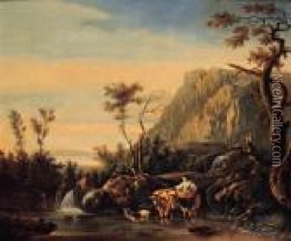 A Shepherdess And Her Cattle Fording A River By A Waterfall In An Italianate Landscape Oil Painting - Nicolaes Berchem