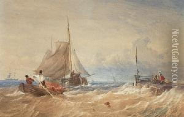 Vessels In Choppy Waters Off The Coast Oil Painting - Thomas Sewell Robins
