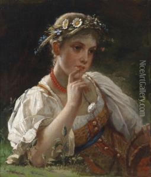 Girl With Wreath Of Flowers Oil Painting - Firs Sergeyevich Zhuravlev
