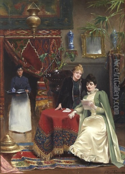 Women Reading A Letter Oil Painting - Henri Adrien Tanoux