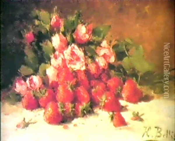 A Still Life Of Strawberries And Roses Oil Painting - Hubert Bellis