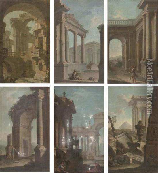 An Italian Capriccio Of Classical Ruins Oil Painting - Pietro Paltronieri Il Mirandolese