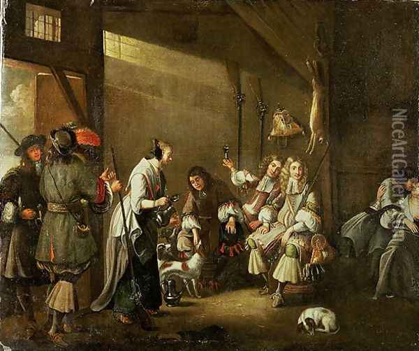 Cavaliers and Companions Carousing in a Barn Oil Painting - Edwart Collier