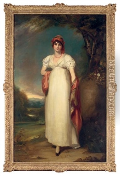 Portrait Of Mrs John Halkett In A White Dress, With An Embroidered Headdress And Shawl, In An Extensive Landscape Oil Painting - Thomas Lawrence
