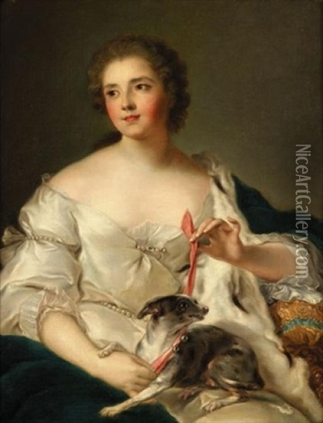 Young Lady Tying A Ribbon Around Her Dog Oil Painting - Jean Marc Nattier
