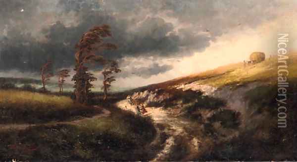 Travellers on a path in a stormy landscape Oil Painting - Julien Dupre