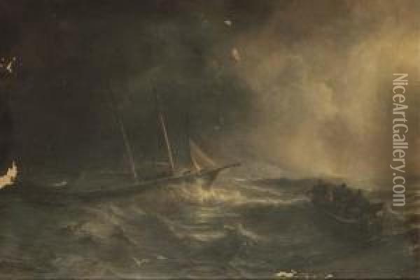 The Schooner 'claymore' In A Swell; And The 'claymore' In Acalm Oil Painting - Jean Antoine Theodore Baron Gudin