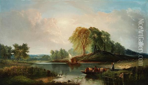 Sheep Being Ferried Across A River Oil Painting - Henry John Boddington