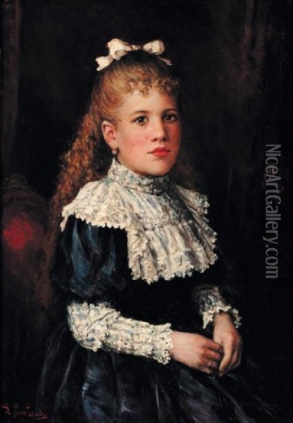Portrait De Jeune Fille Assise Oil Painting - Luigi Monteverde