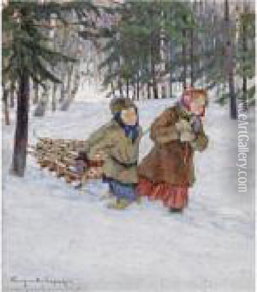 Children In The Snow Oil Painting - Nikolai Petrovich Bogdanov-Belsky