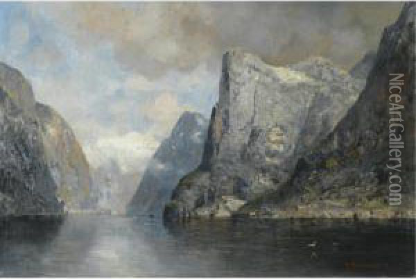 Stigende Skyer Over Fjord (clouds Rising Over A Fjord) Oil Painting - Georg Anton Rasmussen