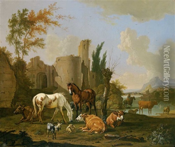 Prachtvolle Ruinenlandschaft Mit Pferden, Kuhen, Schafen Und Ziegen Oil Painting - Dirk van der Burg