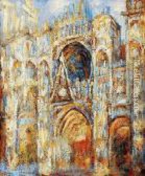 The Cathedral In Rouen, The Portal, Harmony In Blue Oil Painting - Claude Oscar Monet